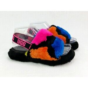 Girls UGG Fluff Yeah Party Spots Colorful Fur Slippers Size 3 Pink Purple Shoes